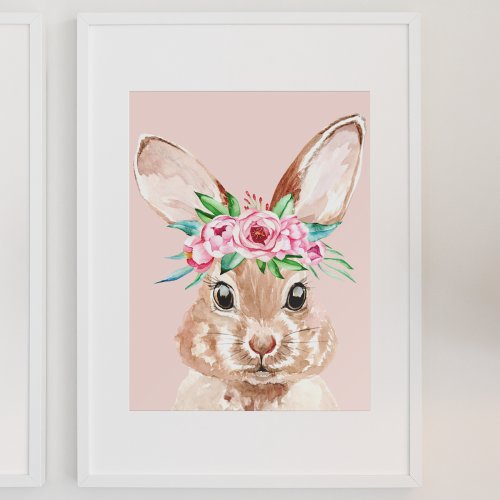 Modern Pastel Pink Watercolor Bunny With Flowers  Poster