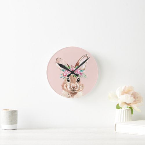 Modern Pastel Pink Watercolor Bunny With Flowers Round Clock