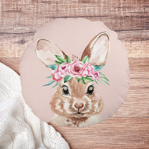 Modern Pastel Pink Watercolor Bunny With Flowers  Round Pillow
