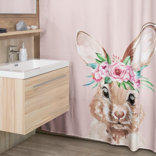 Modern Pastel Pink Watercolor Bunny With Flowers  Shower Curtain