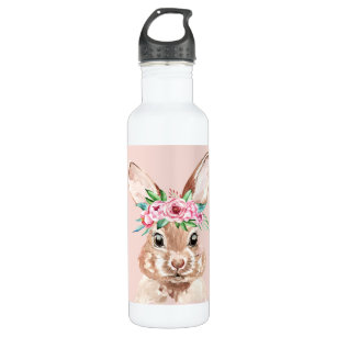 Modern Pastel Pink Watercolor Bunny With Flowers Stainless Steel Water Bottle