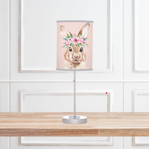 Modern Pastel Pink Watercolor Bunny With Flowers Table Lamp