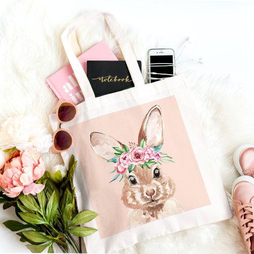 Modern Pastel Pink Watercolor Bunny With Flowers Tote Bag