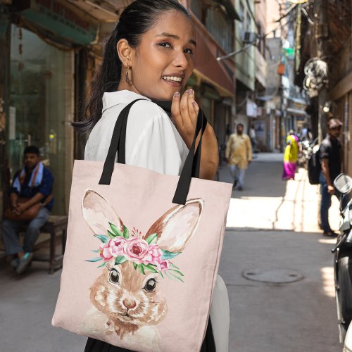 Modern Pastel Pink Watercolor Bunny With Flowers Tote Bag