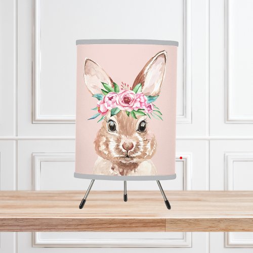 Modern Pastel Pink Watercolor Bunny With Flowers Tripod Lamp