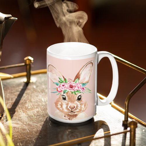 Modern Pastel Pink Watercolor Bunny With Flowers Two_Tone Coffee Mug