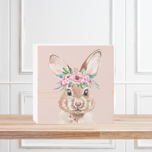 Modern Pastel Pink Watercolor Bunny With Flowers Wooden Box Sign