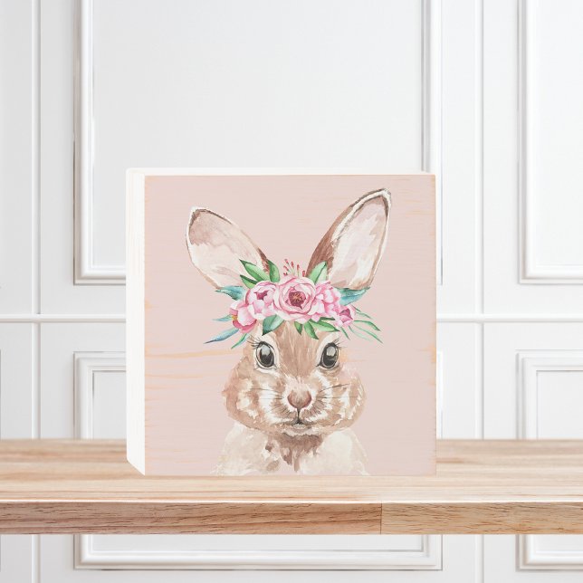 Modern Pastel Pink Watercolor Bunny With Flowers Wooden Box Sign (Creator Uploaded)
