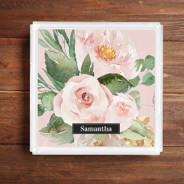 Modern Pastel Pink Watercolor Flowers &amp; Name Acrylic Tray