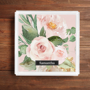 Modern Pastel Pink Watercolor Flowers & Name Acrylic Tray