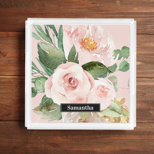 Modern Pastel Pink Watercolor Flowers  Name Acrylic Tray