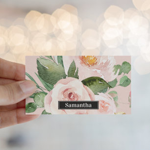 Modern Pastel Pink Watercolor Flowers & Name Business Card