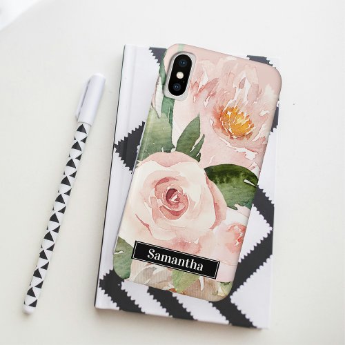 Modern Pastel Pink Watercolor Flowers  Name iPhone XS Case