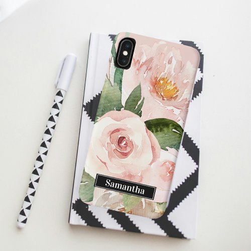Modern Pastel Pink Watercolor Flowers  Name iPhone XS Max Case