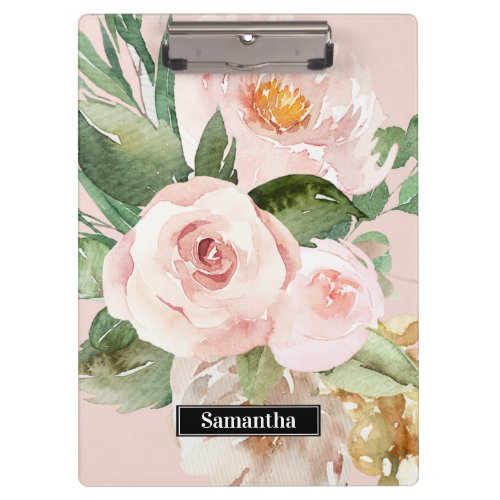 Modern Pastel Pink Watercolor Flowers  Name Clipboard