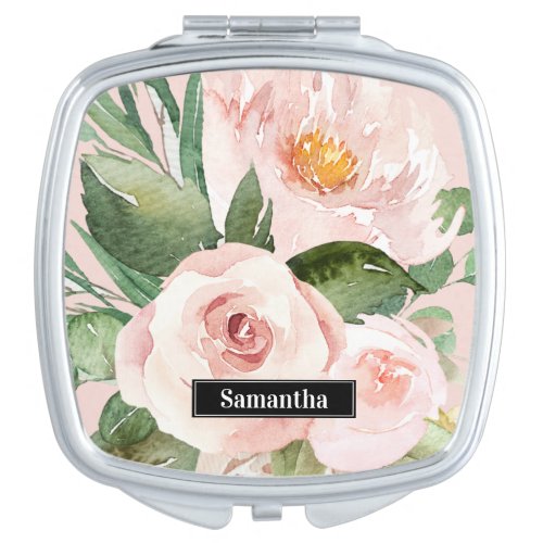 Modern Pastel Pink Watercolor Flowers  Name Compact Mirror