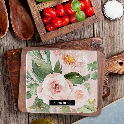 Modern Pastel Pink Watercolor Flowers  Name Cutting Board