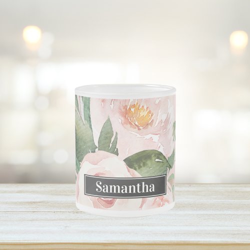 Modern Pastel Pink Watercolor Flowers  Name Frosted Glass Coffee Mug