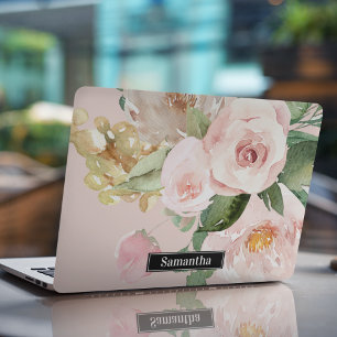 Modern Pastel Pink Watercolor Flowers & Name HP Laptop Skin