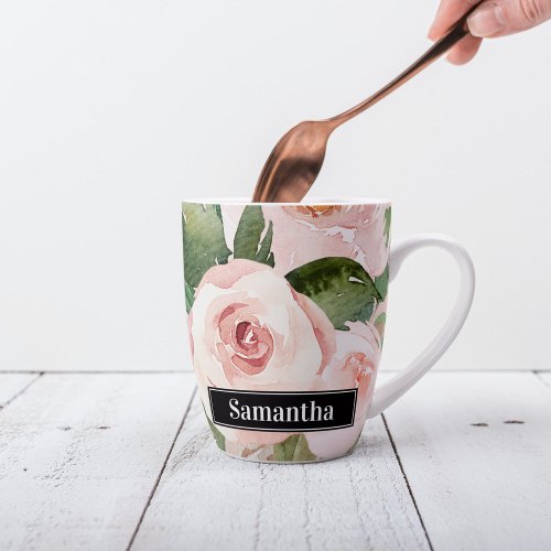 Modern Pastel Pink Watercolor Flowers  Name Latte Mug