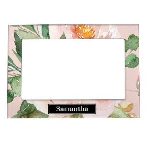 Modern Pastel Pink Watercolor Flowers & Name Magnetic Frame