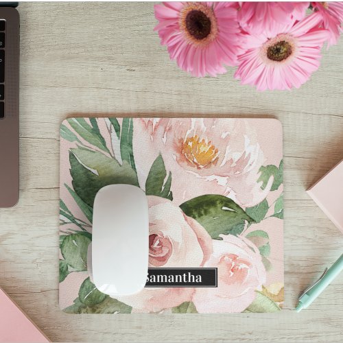 Modern Pastel Pink Watercolor Flowers  Name Mouse Pad