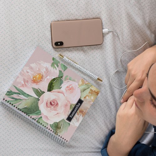 Modern Pastel Pink Watercolor Flowers  Name Notebook