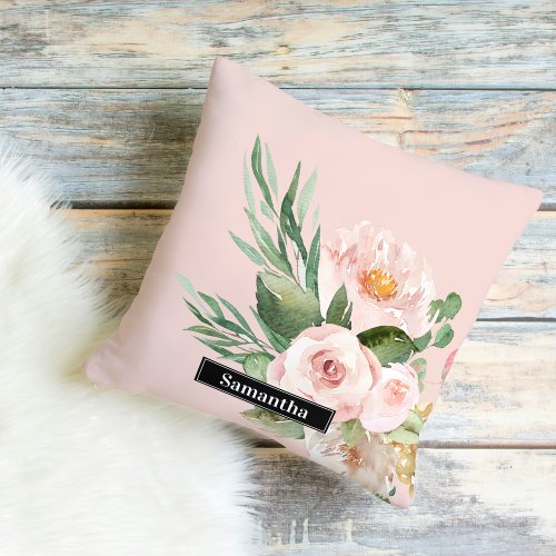 Modern Pastel Pink Watercolor Flowers  Name Outdoor Pillow