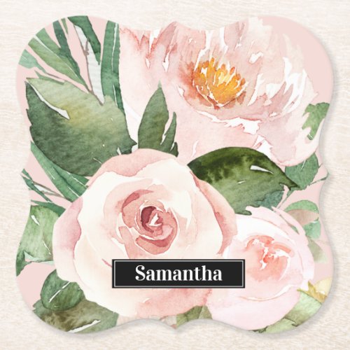 Modern Pastel Pink Watercolor Flowers  Name Paper Coaster