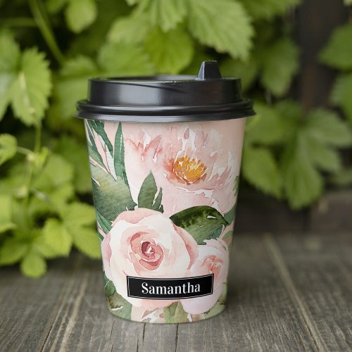 Modern Pastel Pink Watercolor Flowers  Name Paper Cups
