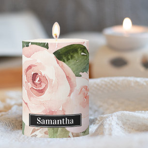 Modern Pastel Pink Watercolor Flowers & Name Pillar Candle