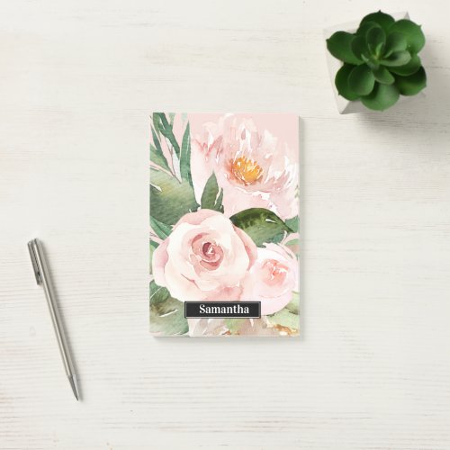 Modern Pastel Pink Watercolor Flowers  Name Post_it Notes