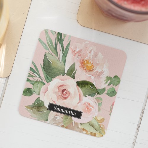 Modern Pastel Pink Watercolor Flowers  Name Square Paper Coaster