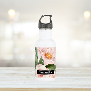 Modern Pastel Pink Watercolor Flowers & Name Stainless Steel Water Bottle