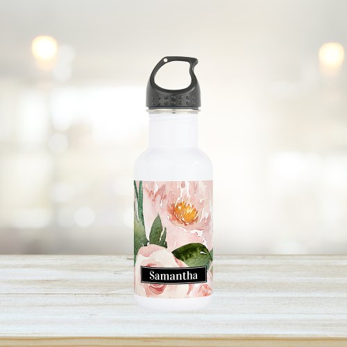 Modern Pastel Pink Watercolor Flowers  Name Stainless Steel Water Bottle