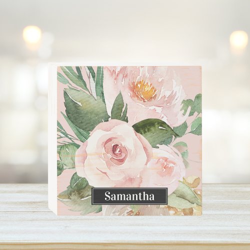 Modern Pastel Pink Watercolor Flowers  Name Wooden Box Sign