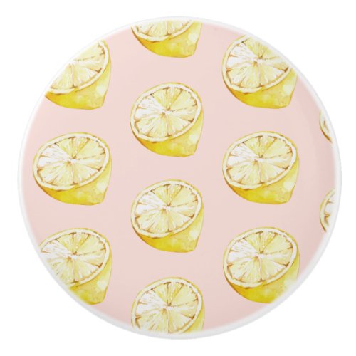 Modern Pastel Pink   Yellow Lemons Pattern Ceramic Knob
