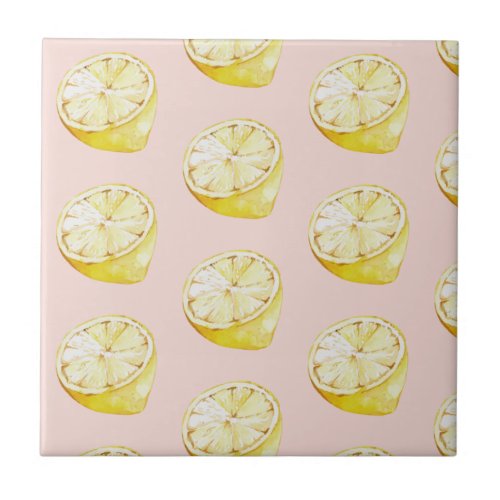 Modern Pastel Pink   Yellow Lemons Pattern Ceramic Tile