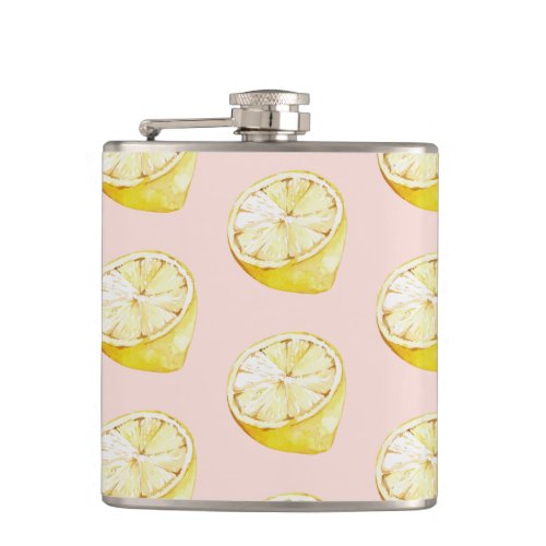 Modern Pastel Pink   Yellow Lemons Pattern Flask