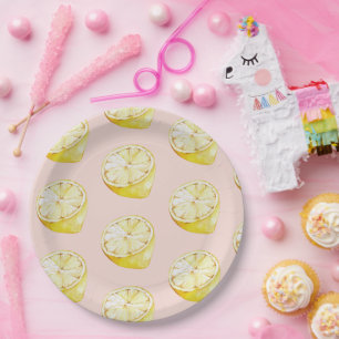 Modern Pastel Pink &  Yellow Lemons Pattern Paper Plates