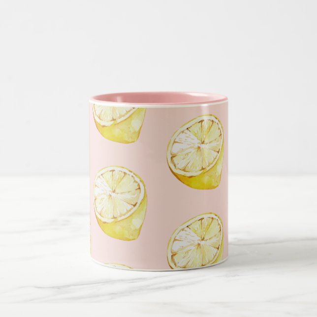 Modern Pastel Pink &  Yellow Lemons Pattern Two-Tone Coffee Mug (Center)