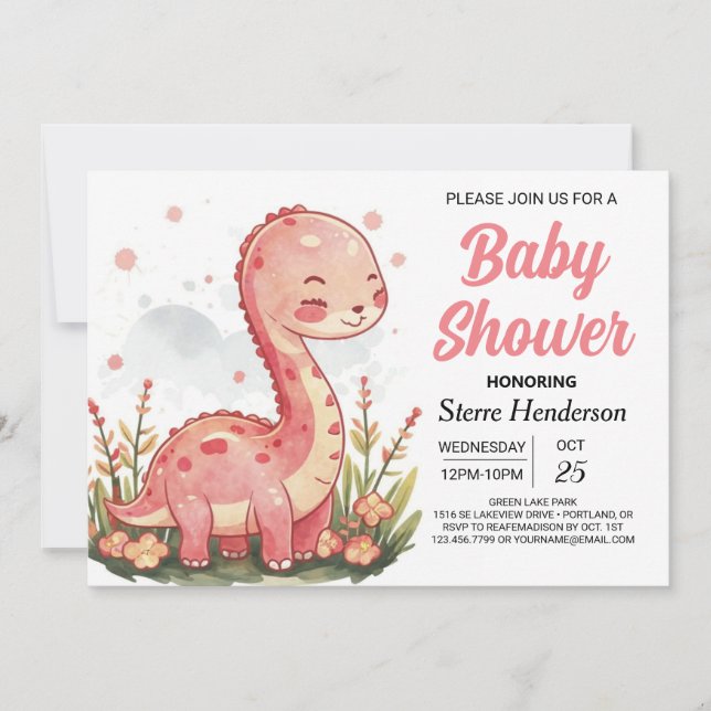 Modern Pastel Printable Dinosaur Girl Baby Shower Invitation (Front)