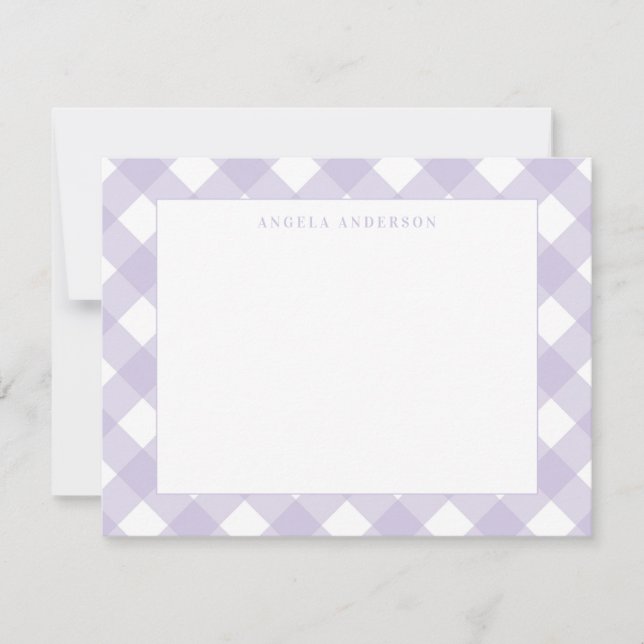 Modern Pastel Purple Violet Gingham Plaid Check Note Card (Front)