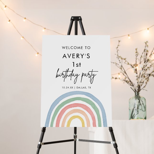 Modern Pastel Rainbow 1st Birthday Party Welcome F Foam Board (In Situ (Stand))