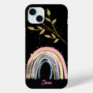 Modern Pastel Rainbow And Gold leaves Custom Name iPhone 15 Plus Case