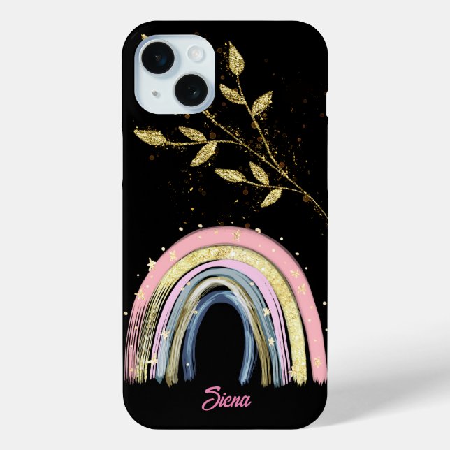 Modern Pastel Rainbow And Gold leaves Custom Name  Case-Mate iPhone Case (Back)