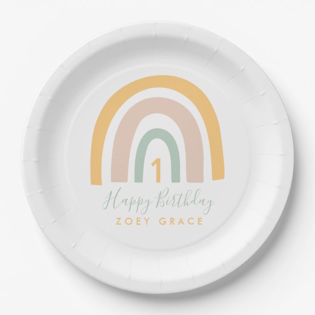 Modern Pastel Rainbow Girl's Birthday Paper Plates (Front)