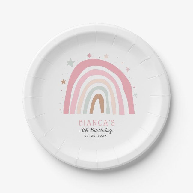 Modern Pastel Rainbow Girls Birthday Party Paper Plates (Front)