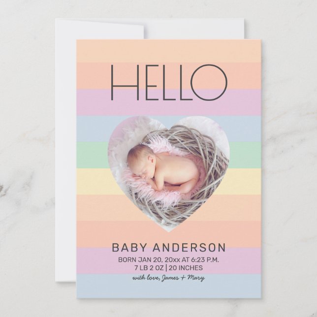 Modern Pastel Rainbow Hello Baby Photo Birth Announcement (Front)