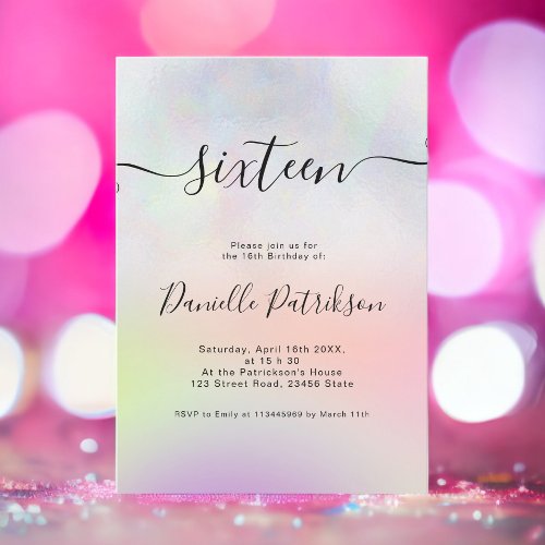 Modern pastel rainbow pearl holographic Sweet 16 Invitation